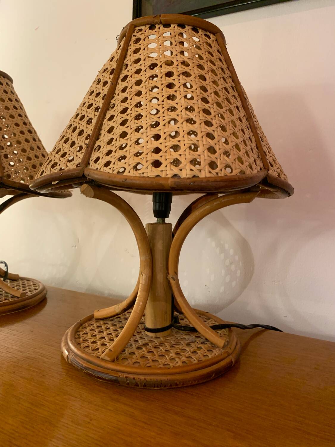 Paire de lampe vintage rotin et cannage