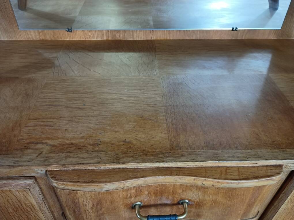 1950s two-body buffet, oak veneer, tapered legs.