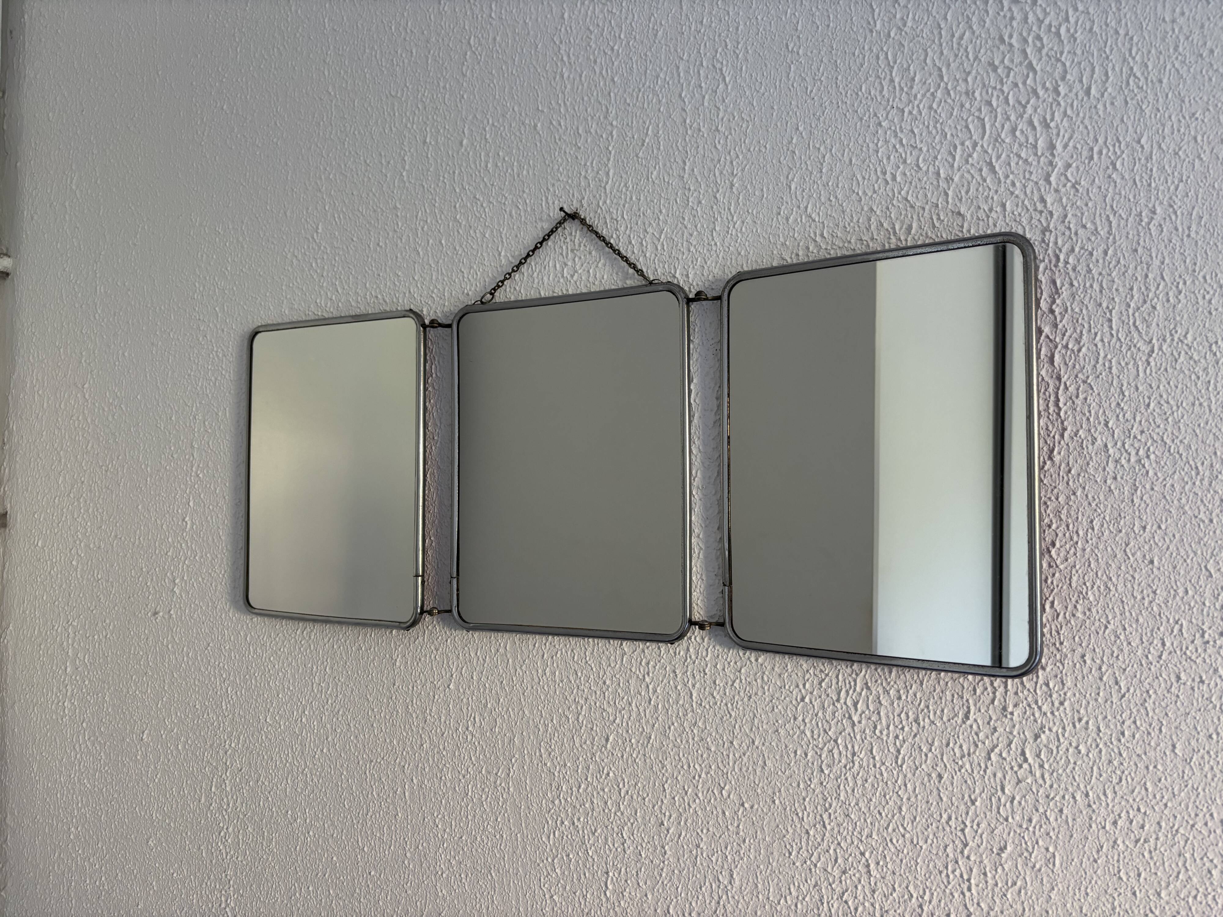 Miroir vintage 1960 triptyque barbier coiffeuse Arpin grenadine - 27 x 69 c