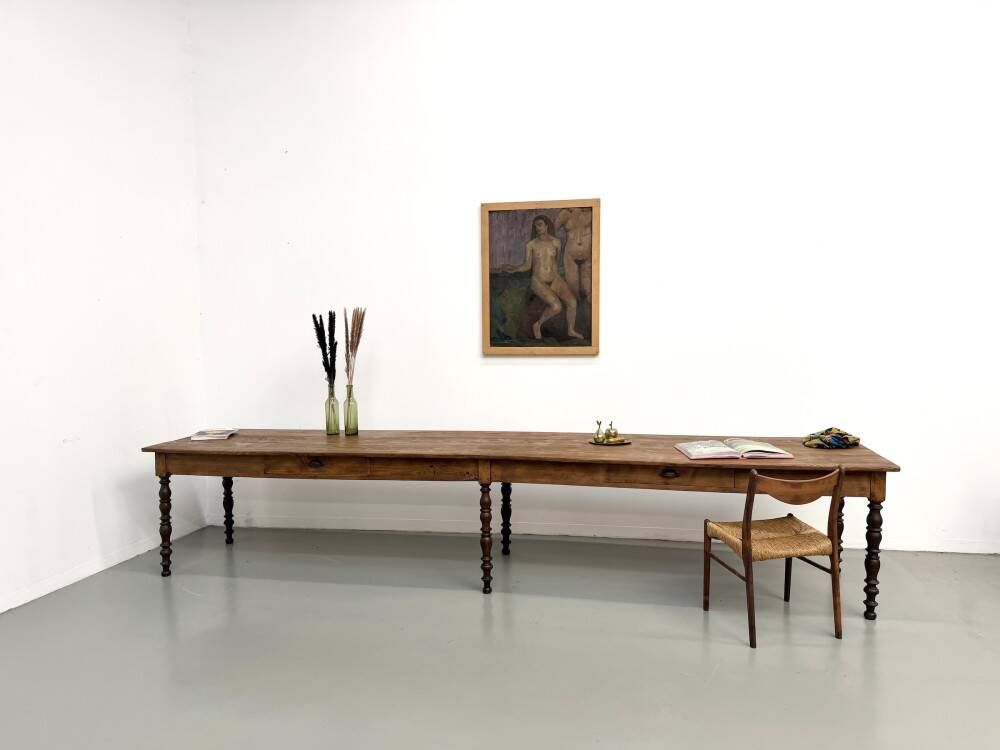 Farm table of 4 metres in solid pine, around 1900.