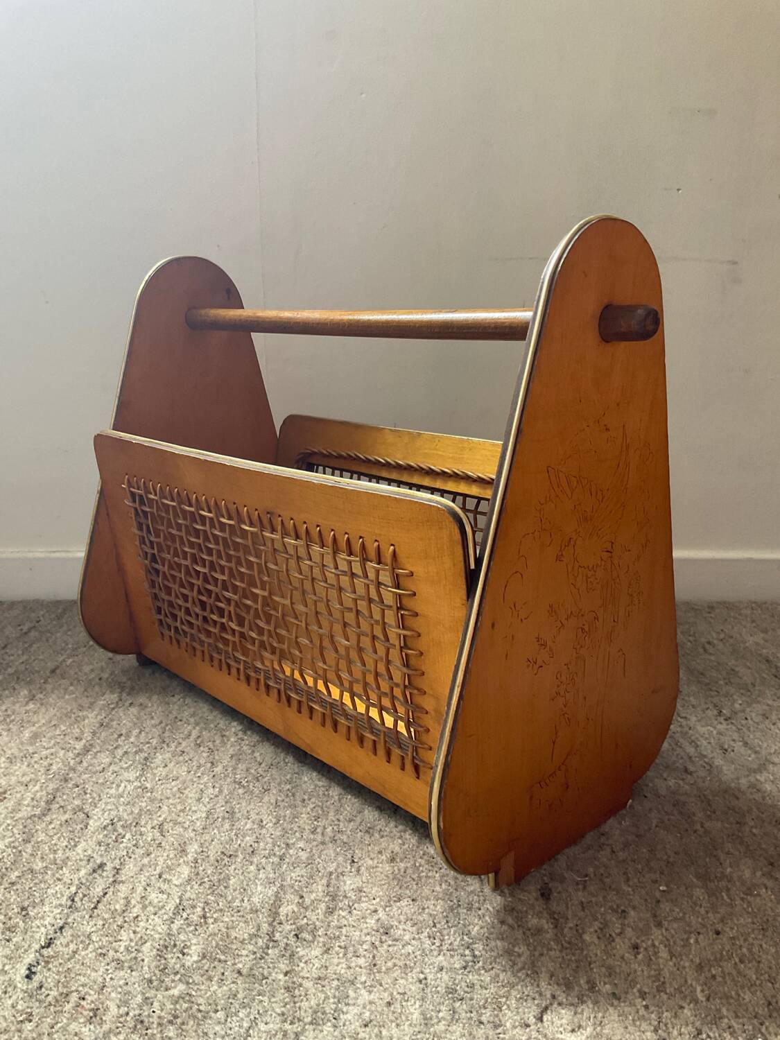 Wooden and rattan magazine rack from the 50s and 60s