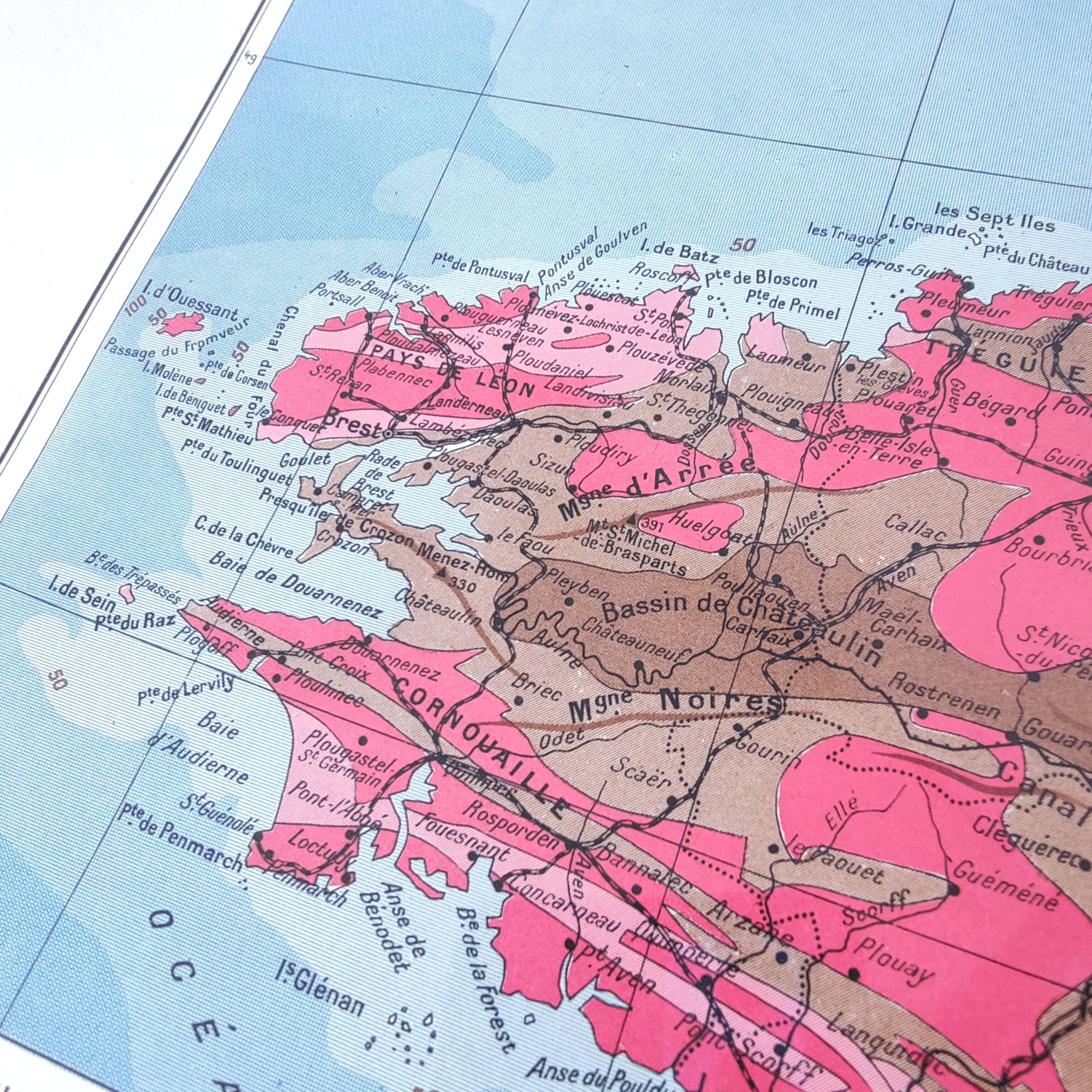 Brittany and Loire estuary map 43x43cm vintage from 1950