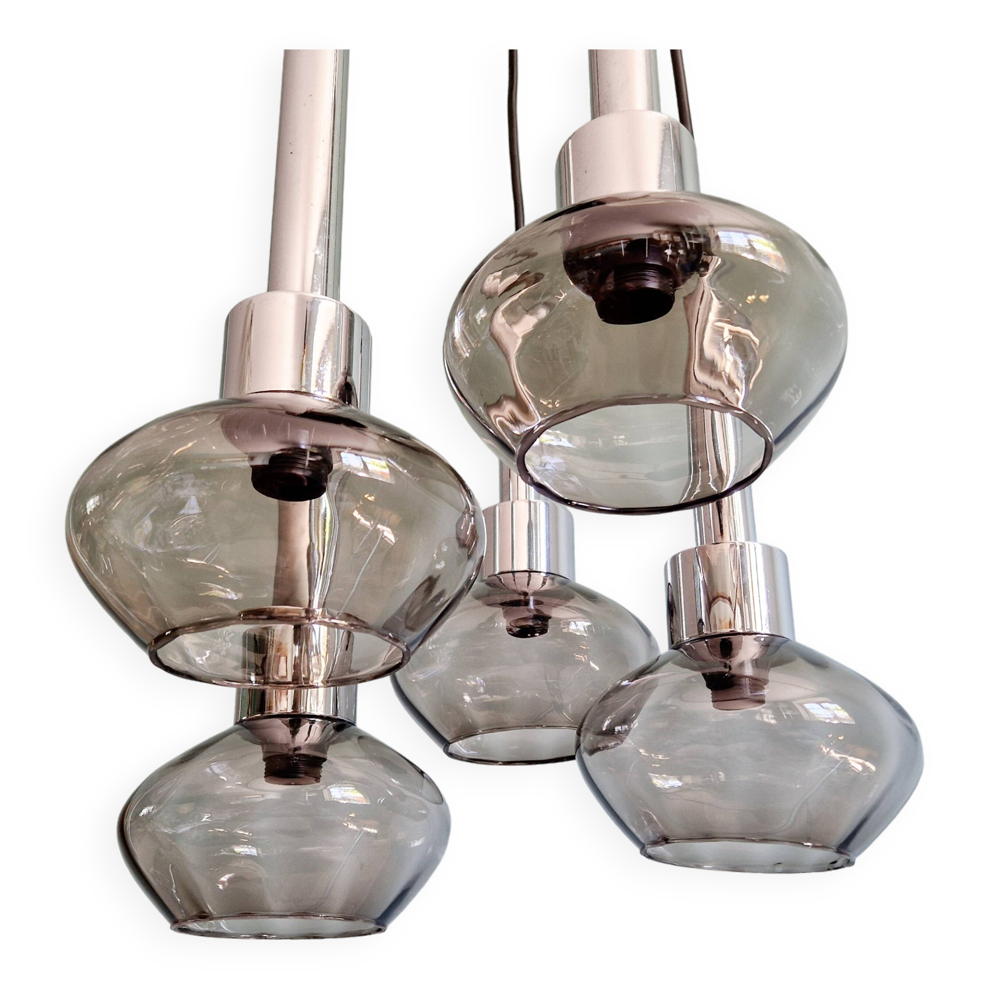 Cascade chandelier in chrome metal and smoked glass, 1970s