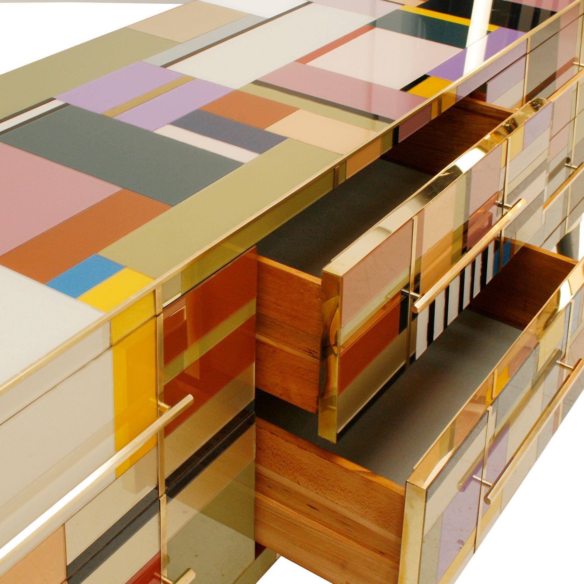 Mid Modern Style Italian Sideboard, Solid Wood & Colored Glass, Six Drawers