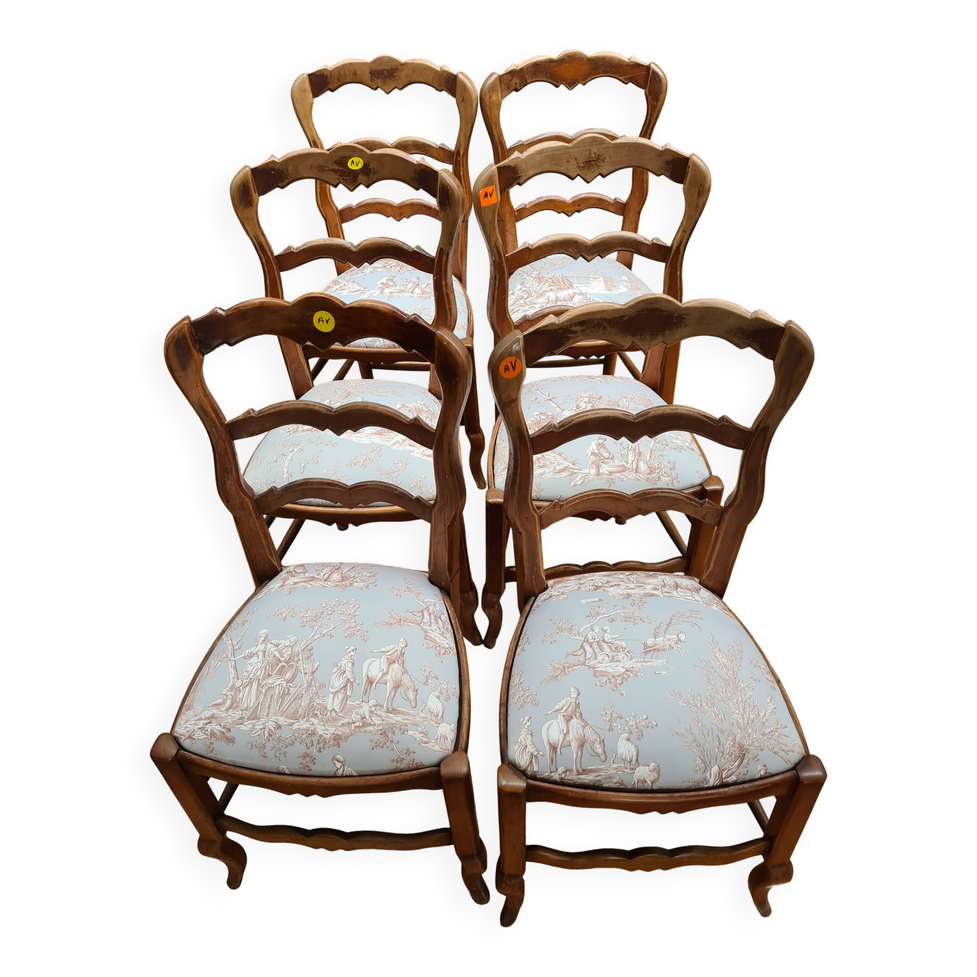 Chaises en merisier recouverte de Toile de Jouy