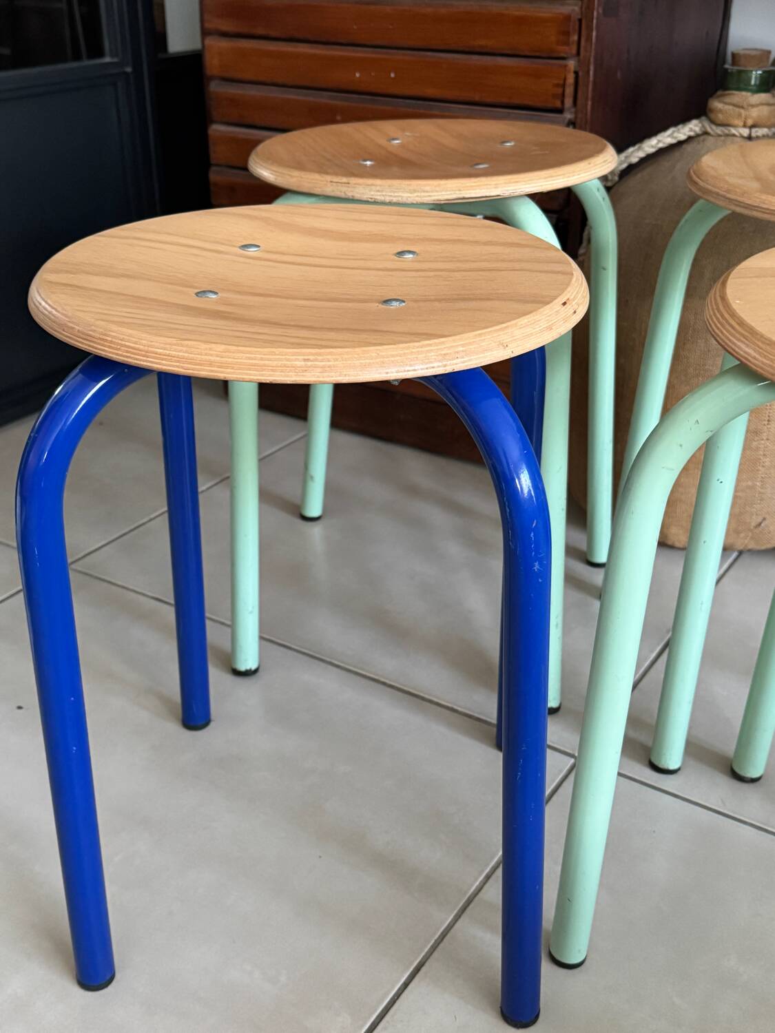 Vintage workshop style stool trio – 2 red & 1 blue