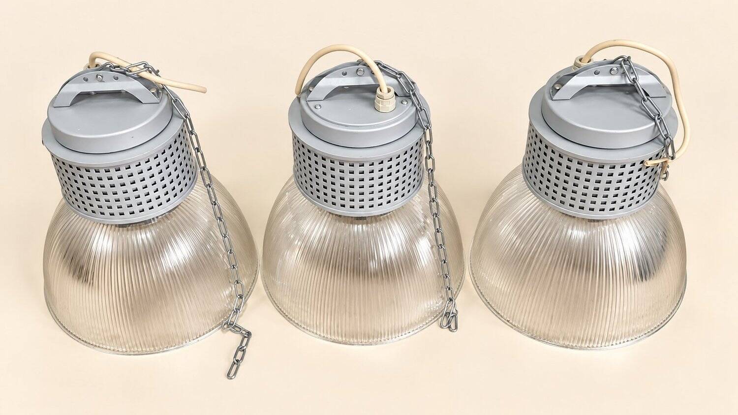 Set of 3 industrial pendants RZB Holophane glass - 1990s