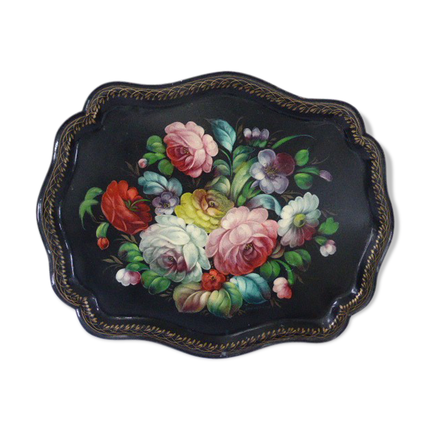 Bohemian and folk this metal tray painted with multicoloured flowers painted hand, russian vintage
