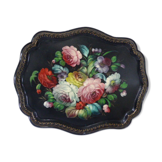 Bohemian and folk this metal tray painted with multicoloured flowers painted hand, russian vintage