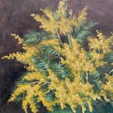 Still life painting with mimosa in the spirit of Kisling