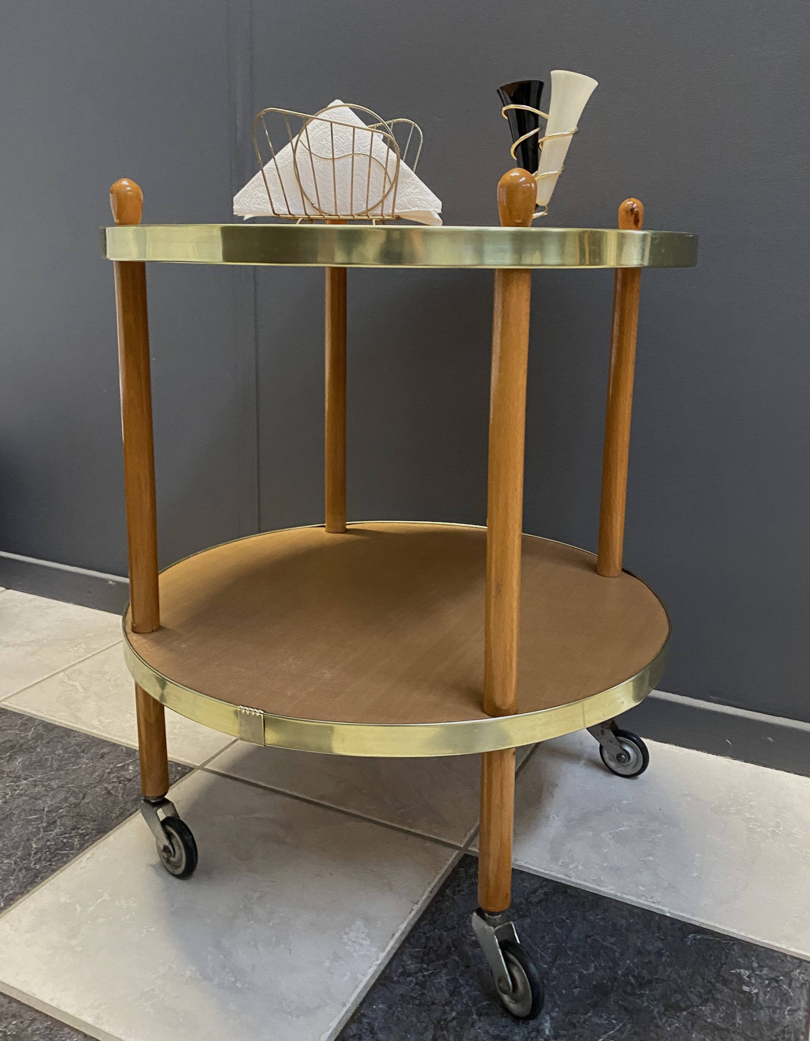 Wood round serving trolley sidetable 1960s