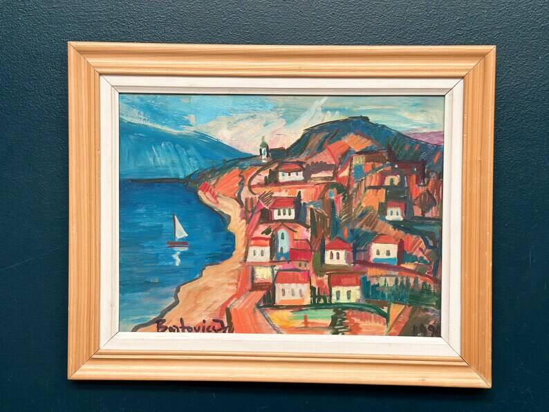 Original Swedish Oil on Panel – “Coastal Town” by Bartovicz 71 – Vintage & Framed – 51 × 41 cm (20" x 16.1")