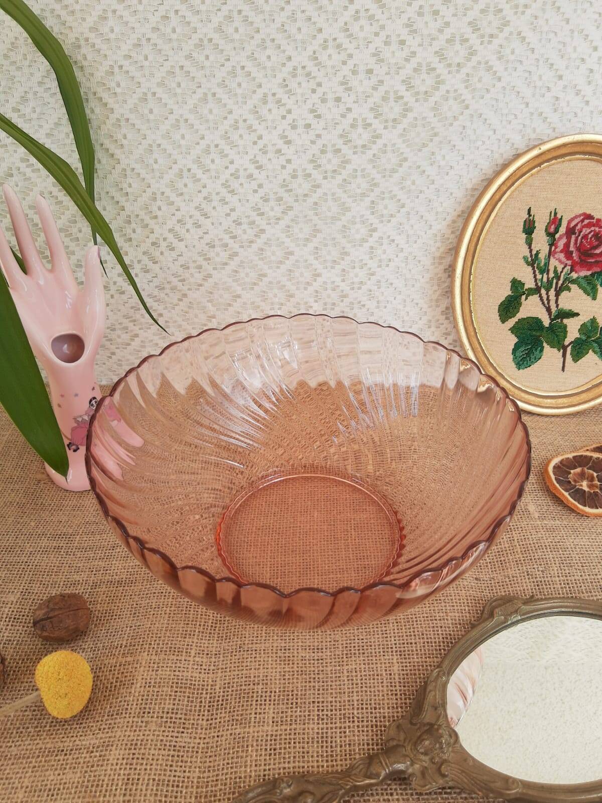 Set of salad bowls and 6 twisted glass bowls Rosaline Arcoroc vintage