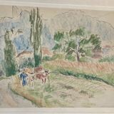 Painting by Edith Berger "Labour Scene" drawing in Crayolor, Dauphinoise school