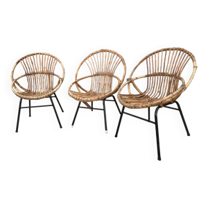 Trio de fauteuils coquille - rotin pieds