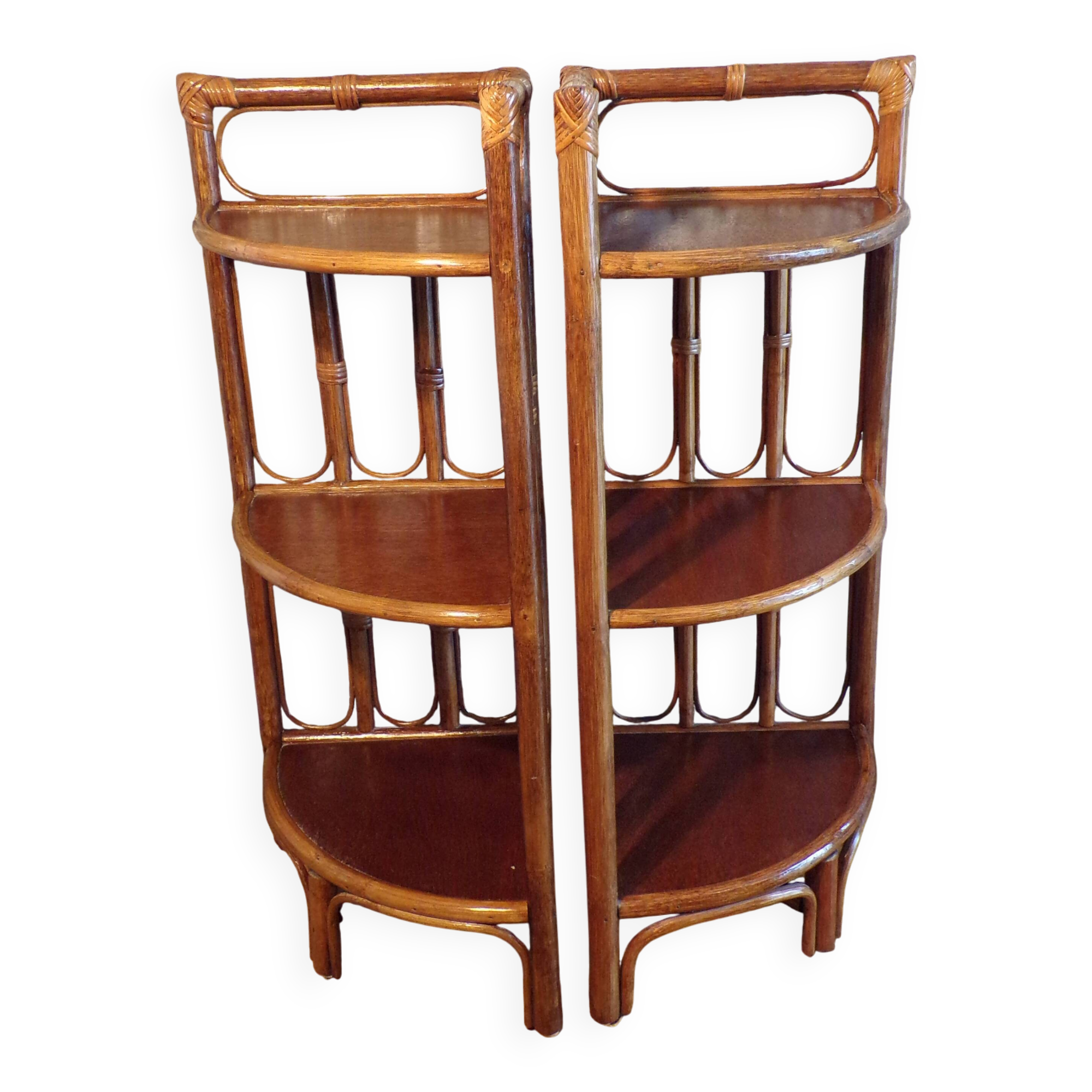 Pair of rattan corner shelves