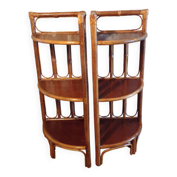 Pair of rattan corner shelves