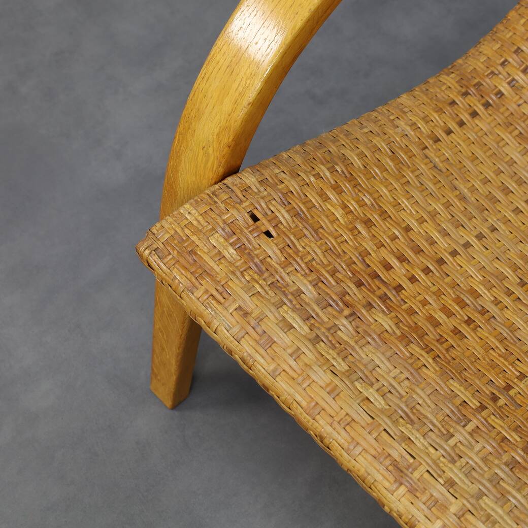 Rare Armchair in Wood and Woven Rattan, 1960s
