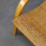 Rare Armchair in Wood and Woven Rattan, 1960s