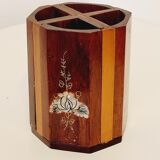2 vintage Asian pencil pots Vietnam rosewood and mother-of-pearl inlays