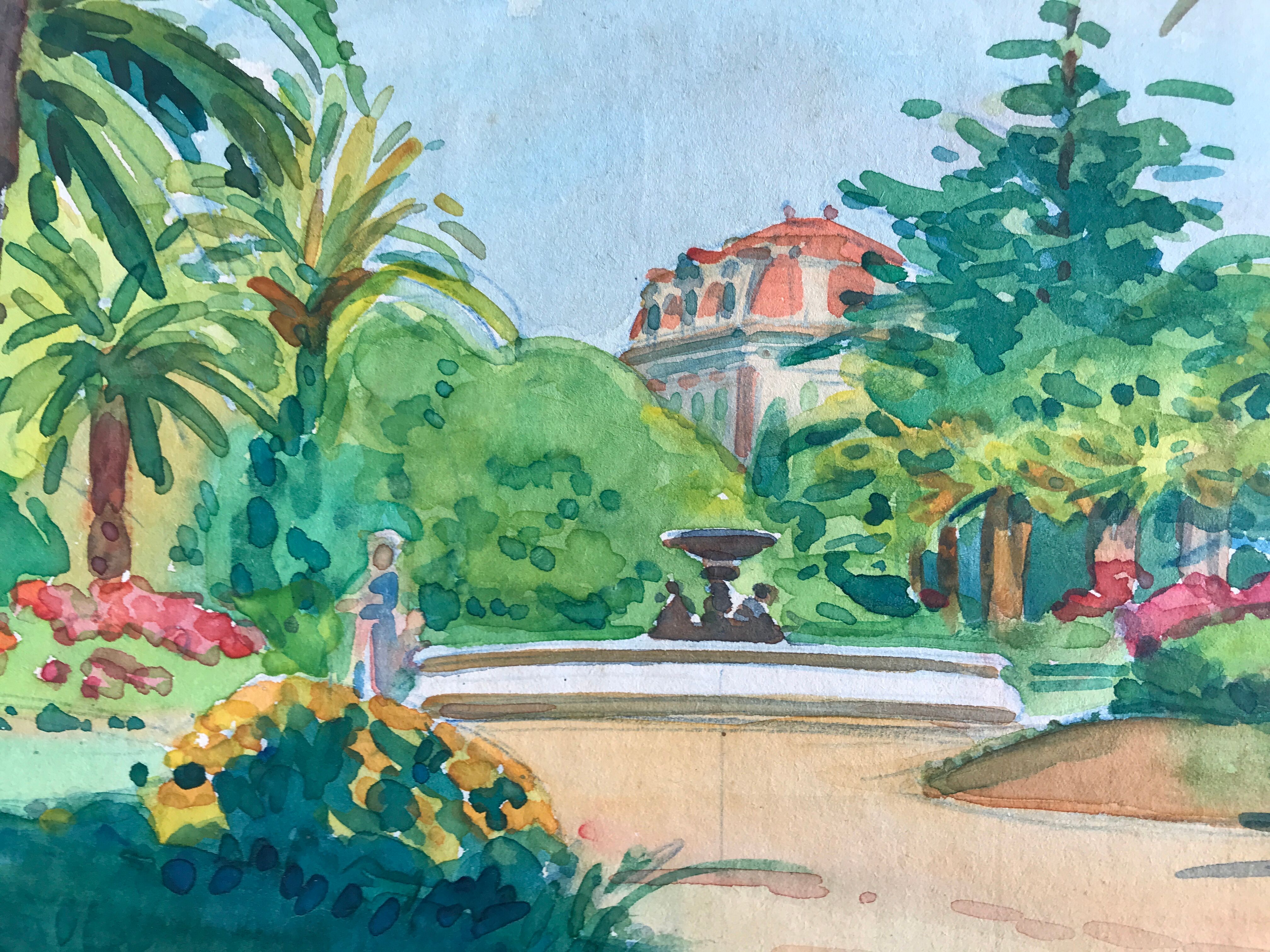 Original watercolor by tony minartz (1870-1944) spring walk in a park on the côte d'azur