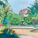 Original watercolor by tony minartz (1870-1944) spring walk in a park on the côte d'azur