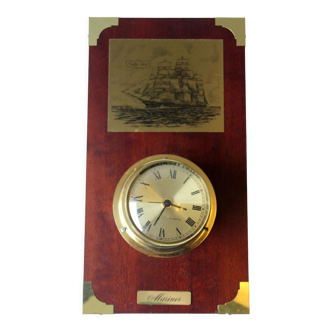 1970s wall clock - ship clock metal and glass on a wooden plate, complete working