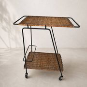 Vintage rolling dessert trolley in rattan and black metal – 1950s/60s