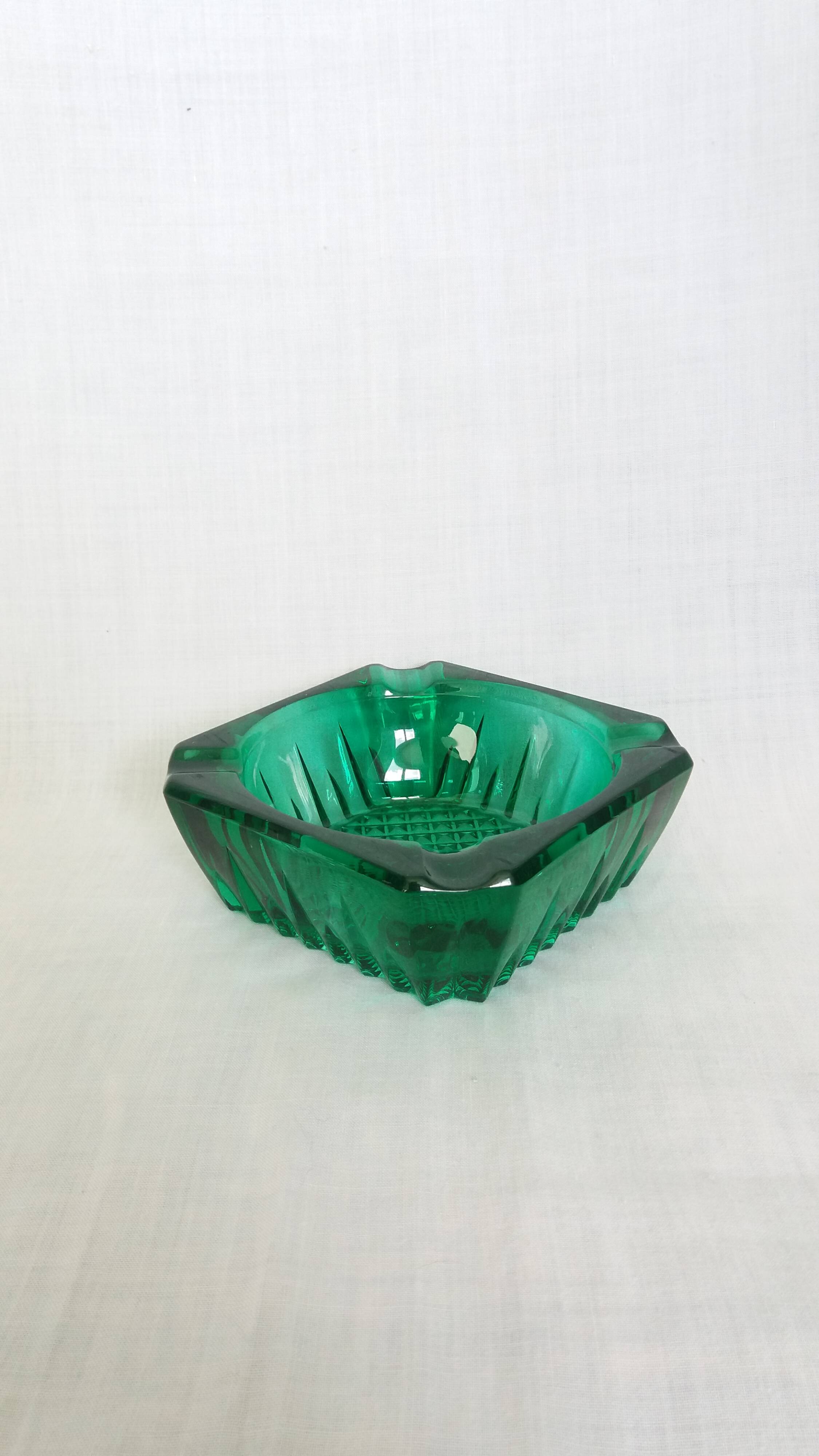 Emerald green glass ashtray, Arques crystal glassware.