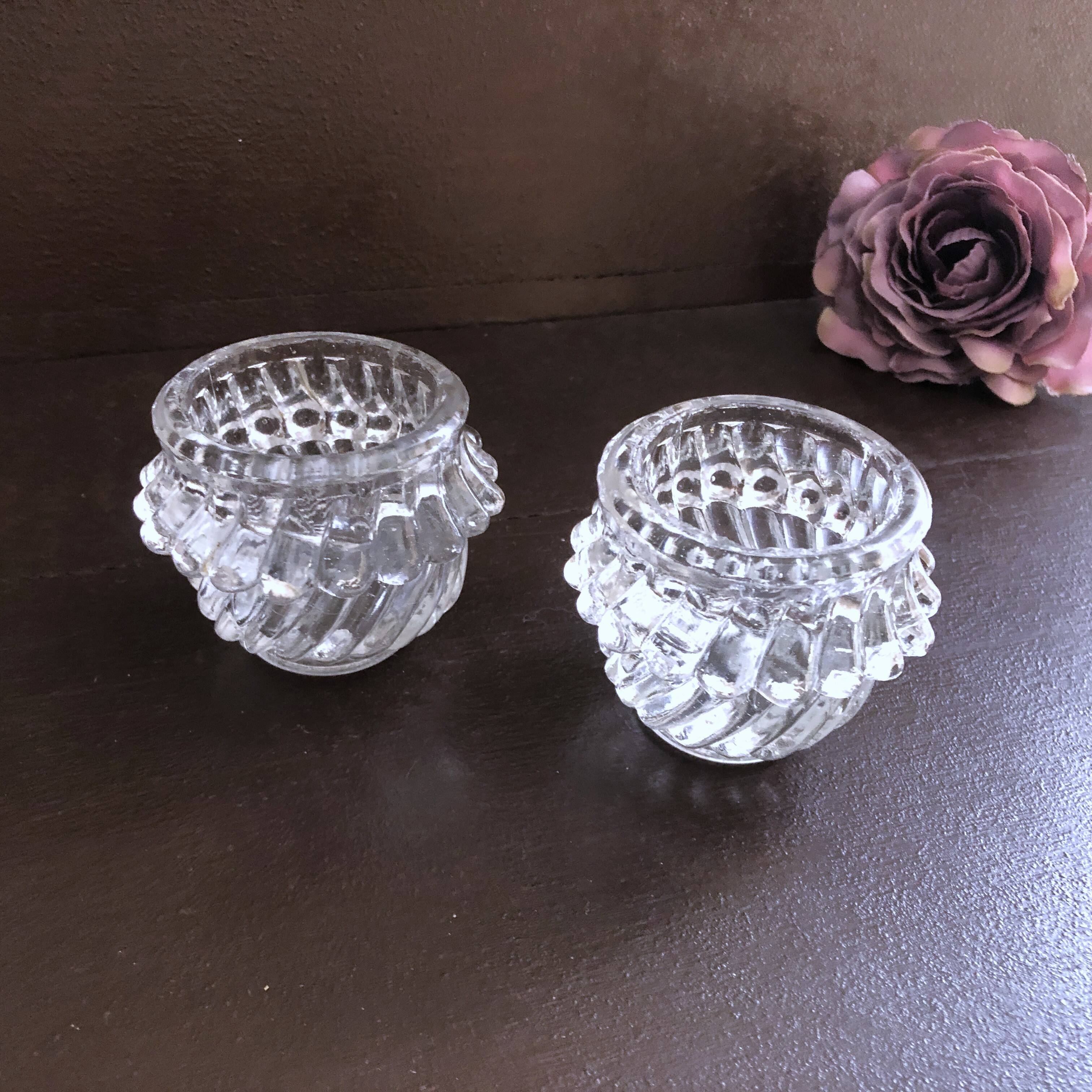 Glass salt and pepper shaker set with vintage serving spoon