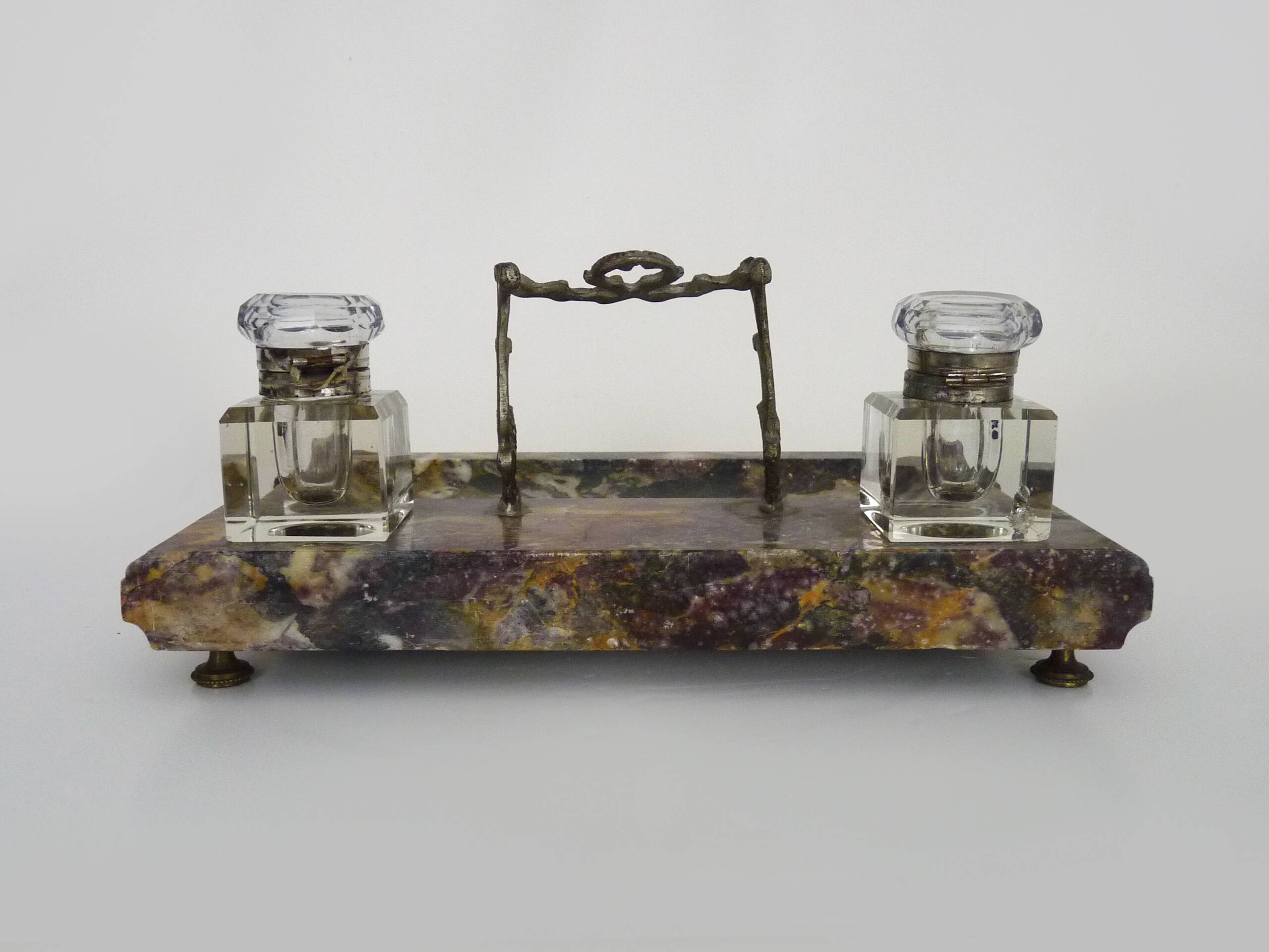 Inkwell nineteenth in marble and glass bottle