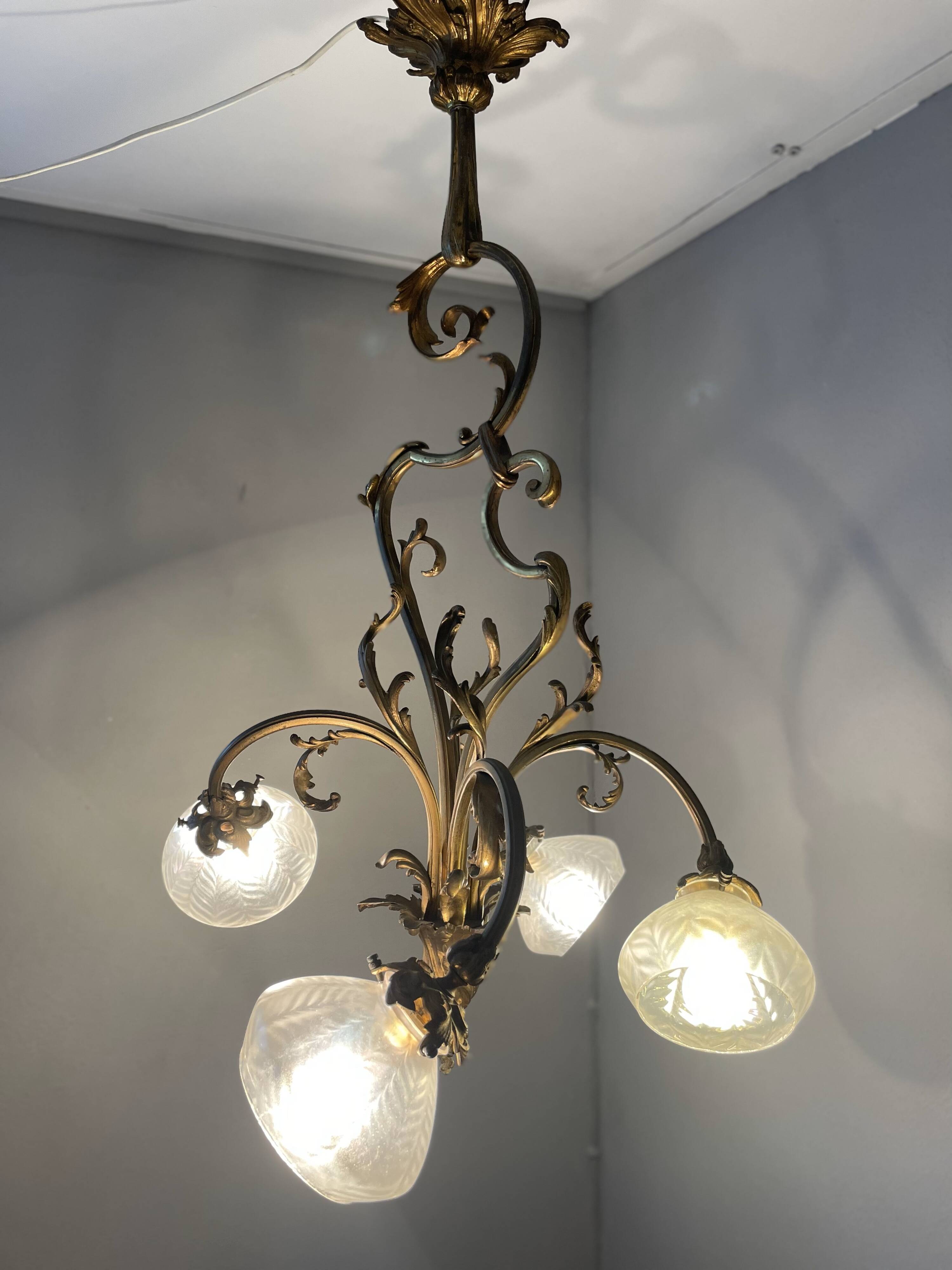 Jugendstil Golden Chandelier with Frosted Glass Shades