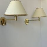 Vintage adjustable wall lamp, brass and beige fabric, France 1970