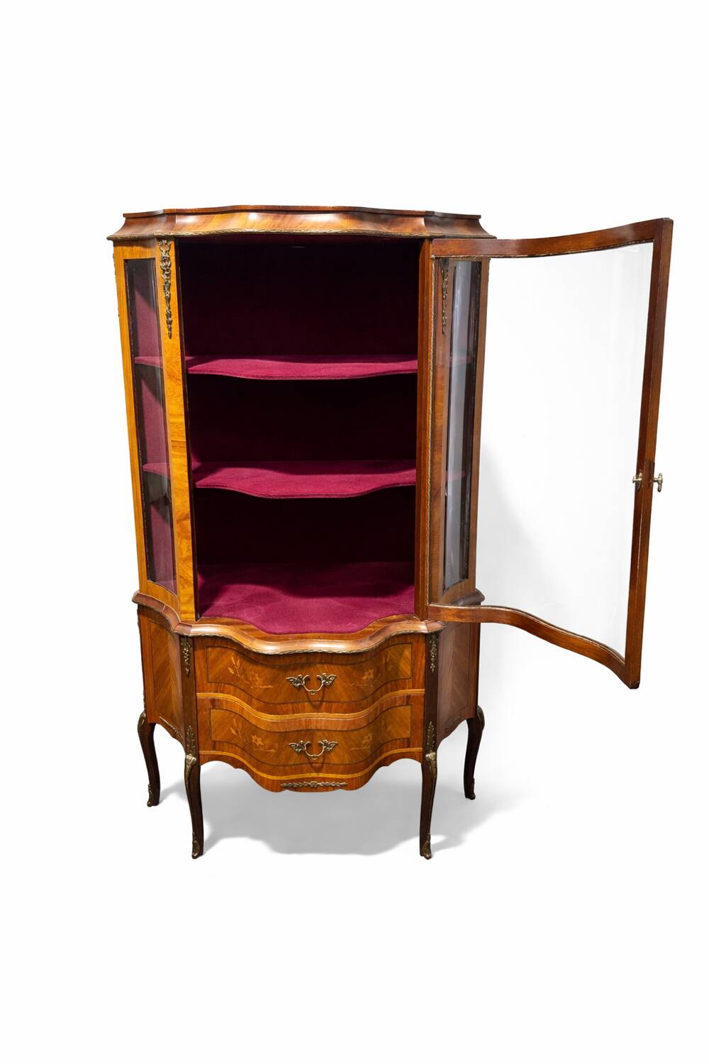 Antique Louis XV style display cabinet with marquetry, circa 1900.