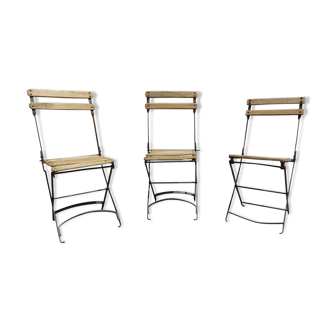 Series of 3 folding garden chairs in wood and metal