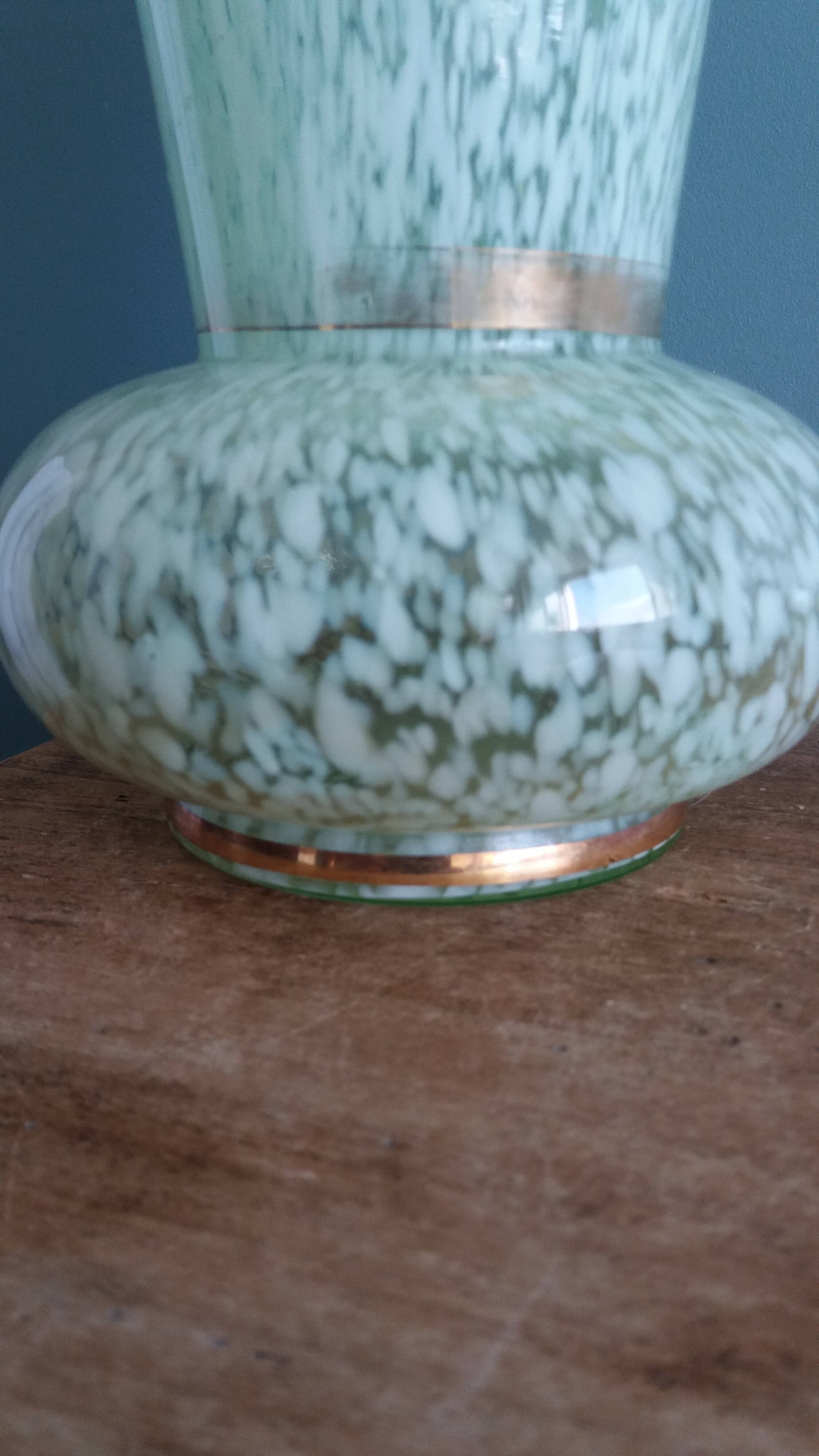 Green speckled glass vase from Clichy with gold threads.