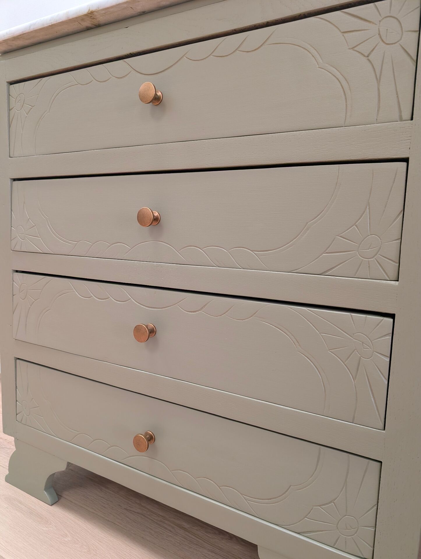 Antique commode revamped with a marble top, vintage dressing table.