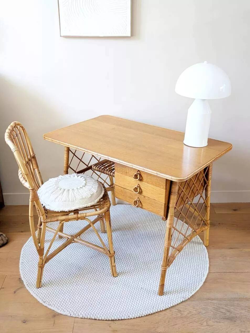 Vintage wood and rattan desk by L. Sognot