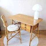 Vintage wood and rattan desk by L. Sognot