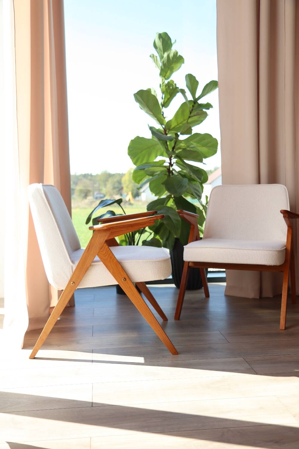 Vintage armchair white curly natural wood boho design by Chierowski 1970