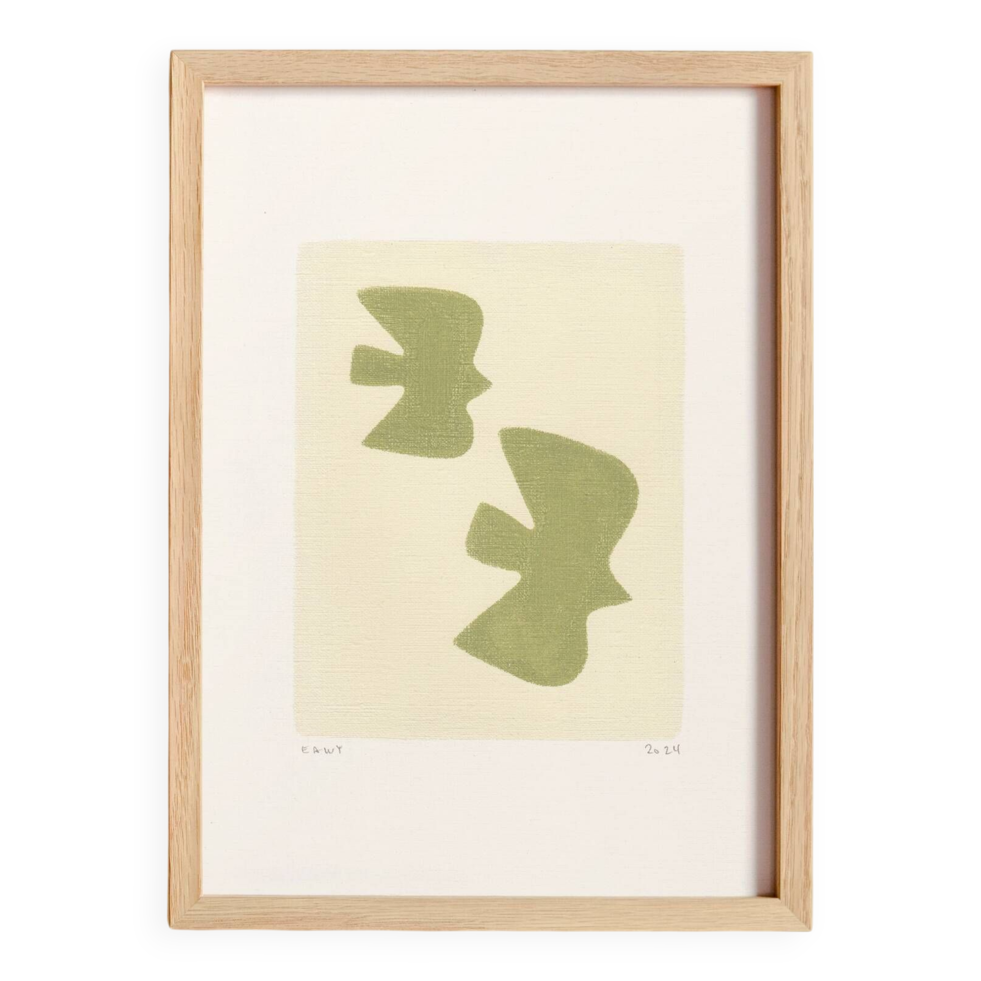 Painting on paper - Birds - Sage green - Signed EAwy