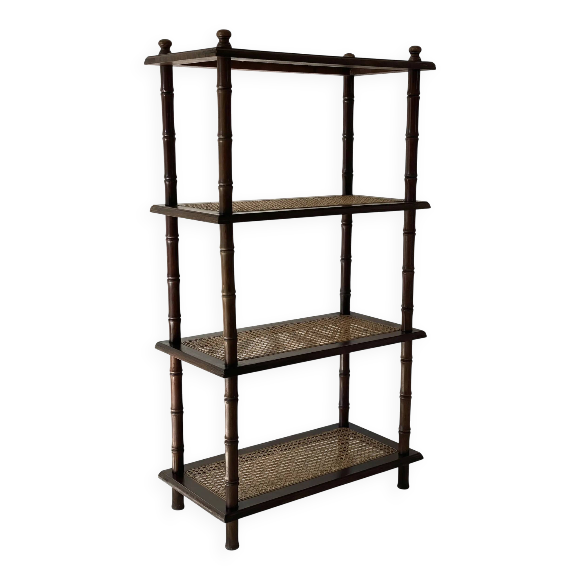 Vintage wooden shelf with cane, colonial style, 4 levels.