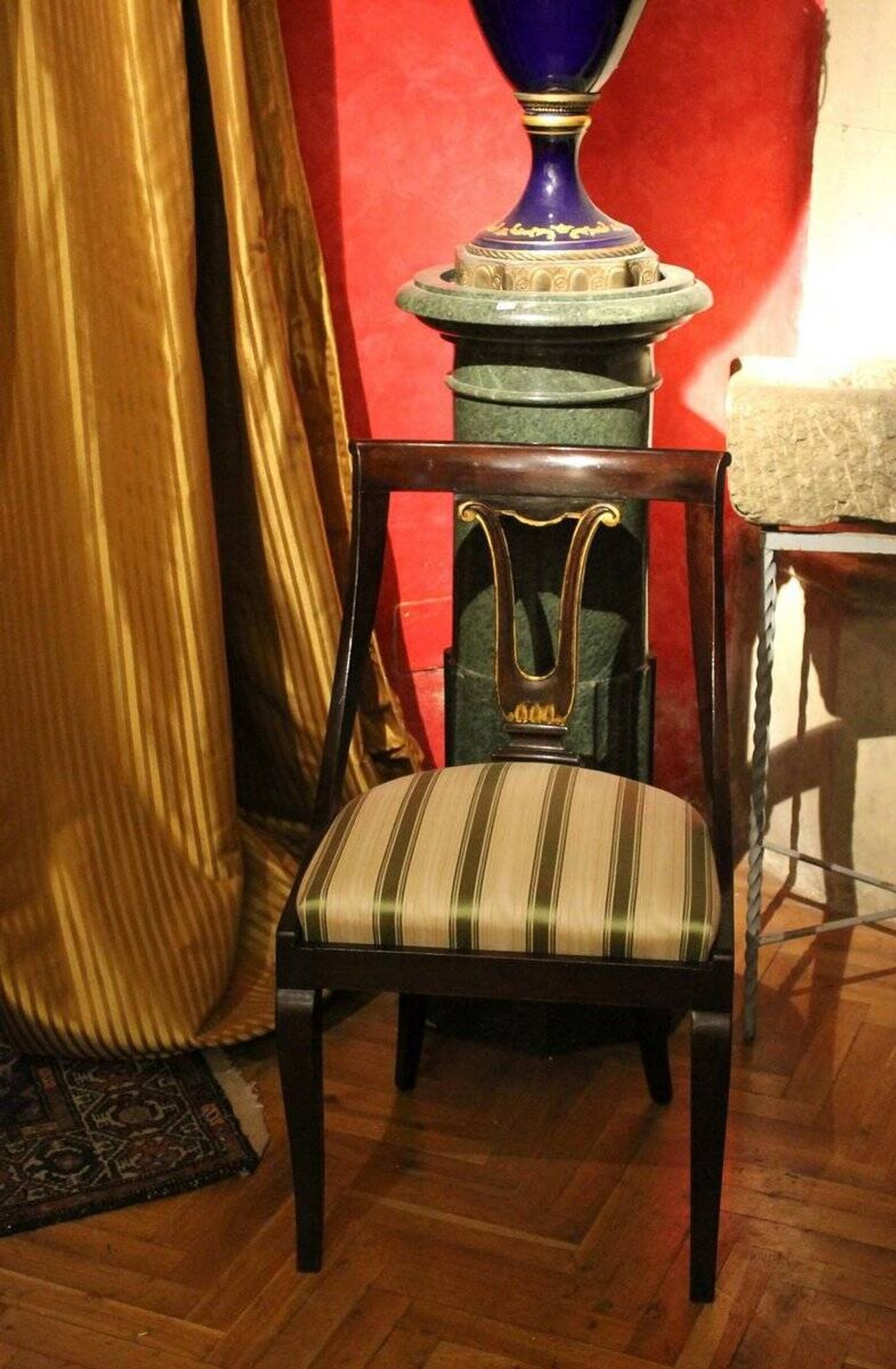 18th Century French Directoire Mahogany Chairs with Silk Blend Upholster Fabric, Set of 4
