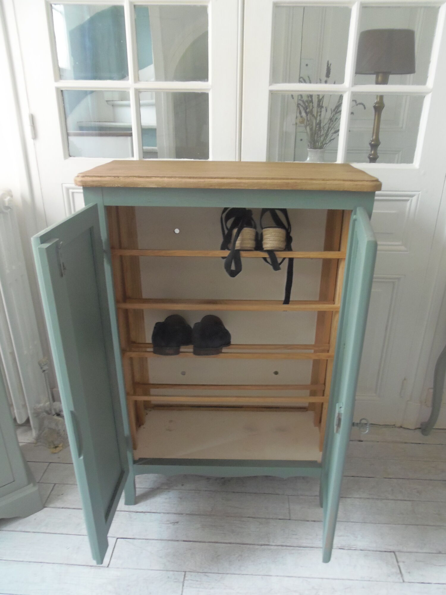 Vintage shoe cabinet smoked green wax finish, wooden top.