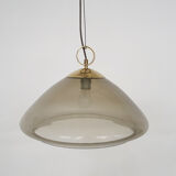Mid-century smoked glass and brass pendant light
