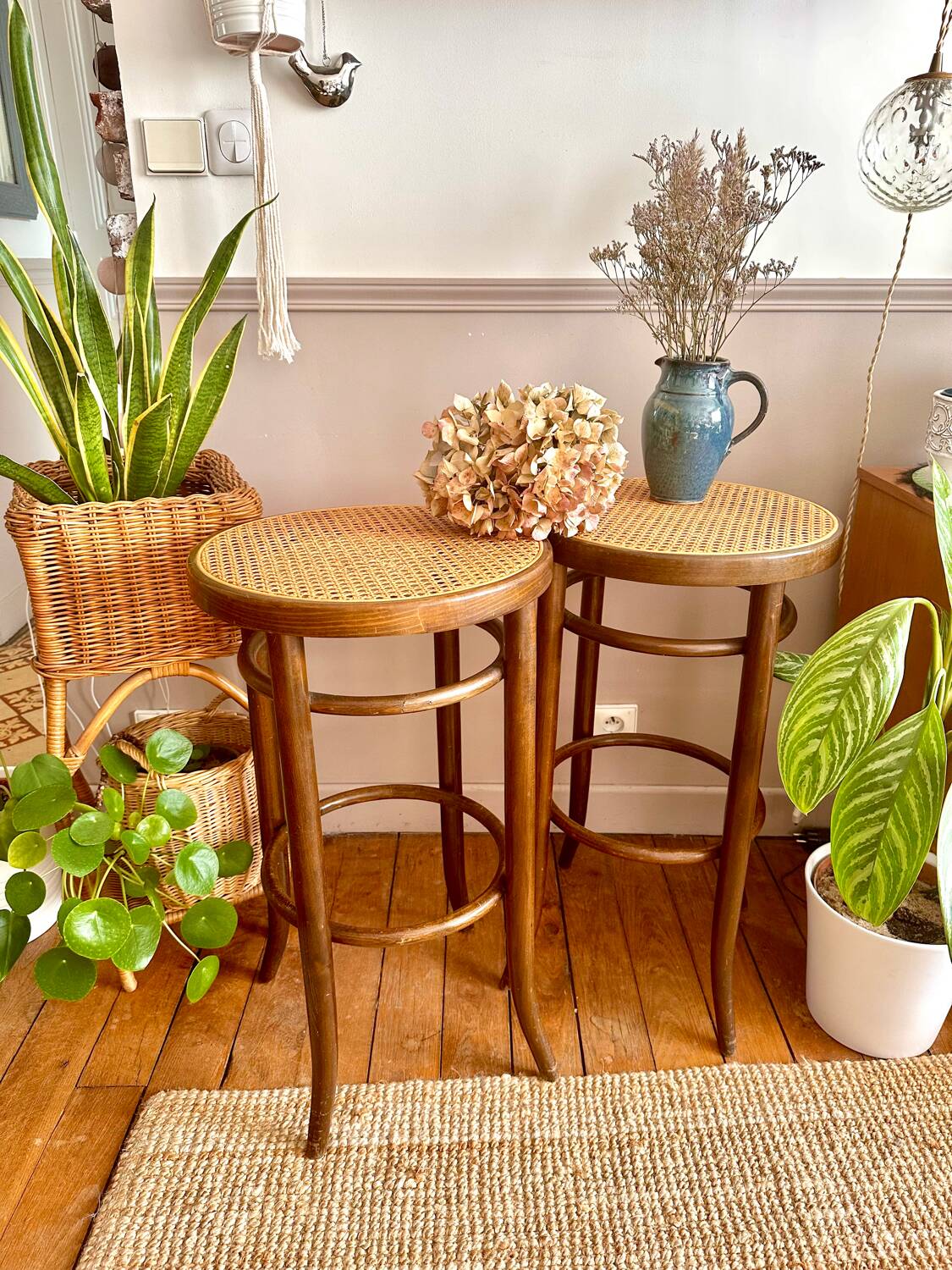 Wooden and cane bistro bar stools