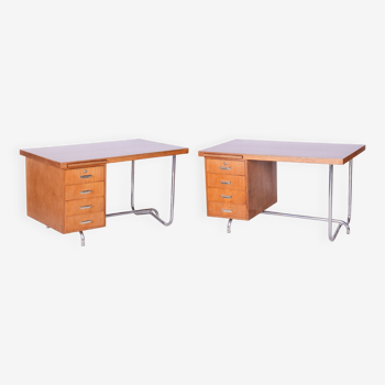 Restored Pair of Oak Writing Desks, Hynek Gottwald, Chrome, Czechia, 1930s