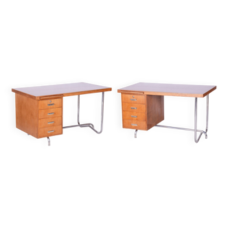 Restored Pair of Oak Writing Desks, Hynek Gottwald, Chrome, Czechia, 1930s