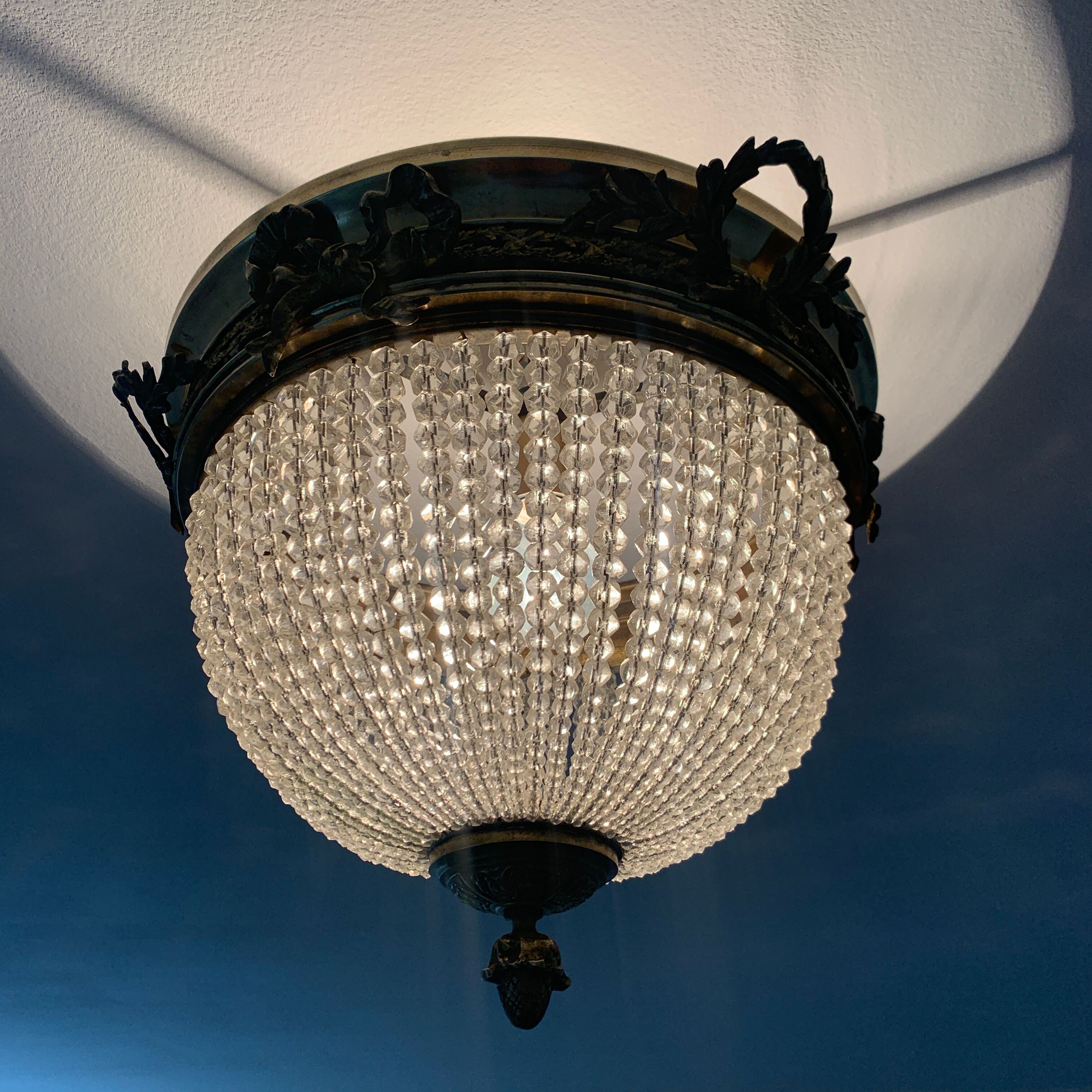 Ceiling light basket old 19th brass and faceted glass beads