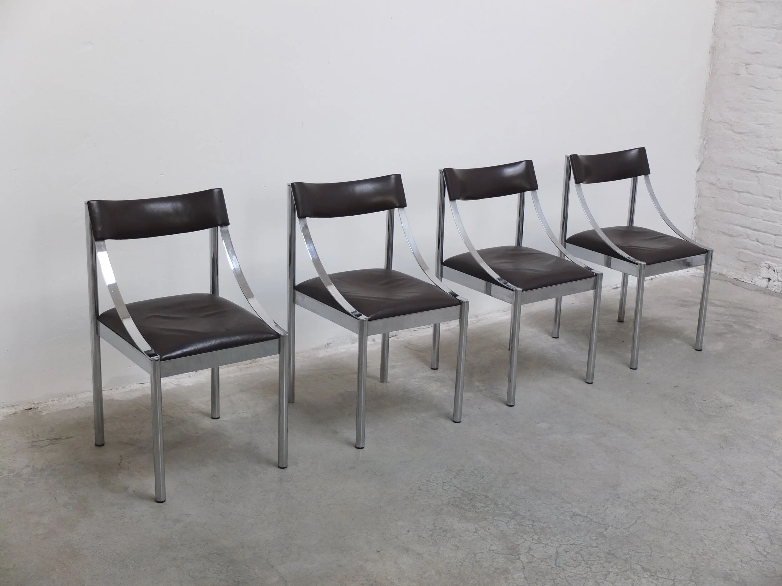 Set of 4 Italian chrome & leather dining chairs, 1970s